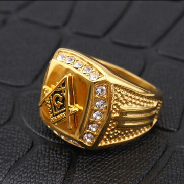 New Arrival Zircon Crystals Masonic Signet 316L Stainless Steel Gold Ring - The Jewellery Supermarket